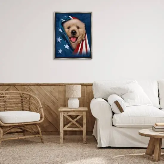 Stupell Industries Puppy & American Flag Floater Framed Art Gray {3}