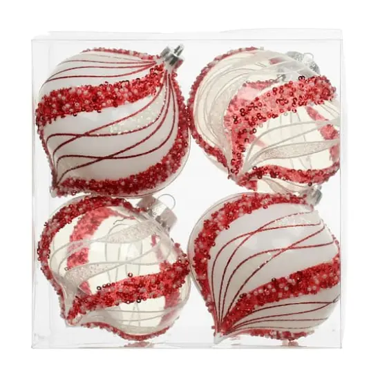 4 Pack 4.7" Red & White Beaded Wavy Stripes Shatterproof Onion Ornaments by Ashland&reg; {3}