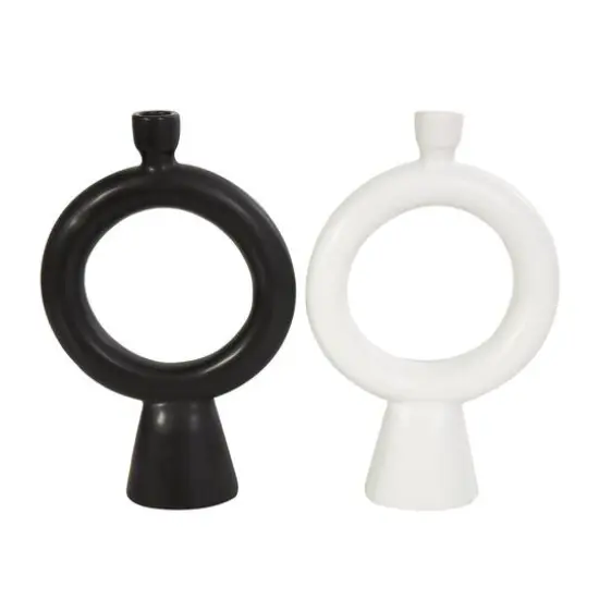 CosmoLiving by Cosmopolitan 12" Black & White Ceramic Geometric Ring Taper Candle Holder Set {7}