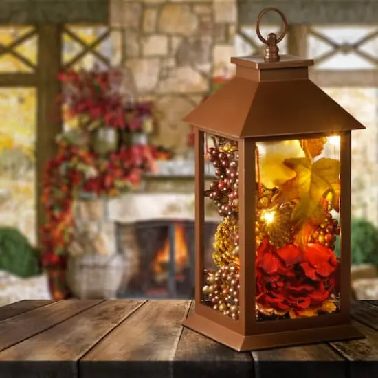 15" Fall Harvest Arrangement in LED Lantern {3}