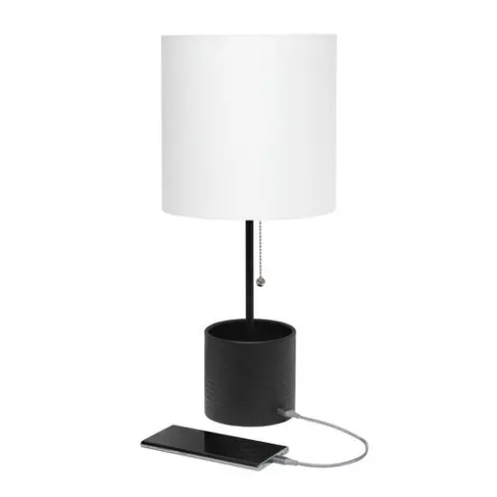 Simple Designs 18.5" Hammered Metal Container Base Table Lamp with USB Charging Port White/Black {7}