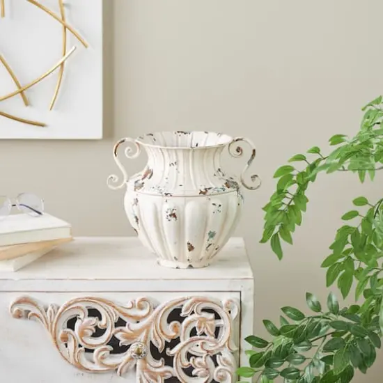 10" Distressed Cream Metal Vintage Amphora Vase {3}