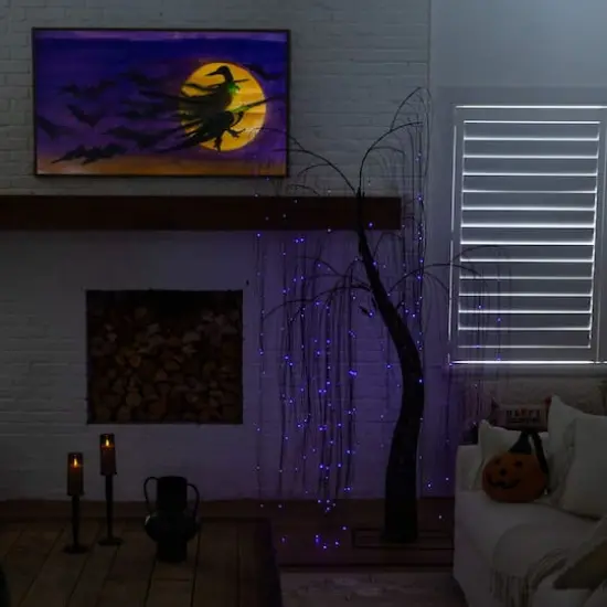 7ft. Pre-Lit Artificial Halloween Black Willow Tree with 600 Purple and Orange Dual Color LED Lights {18}