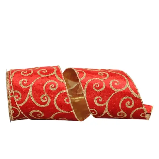 JAM Paper 4" x 10yd. Red & Gold Glitter Scroll Wired Velvet Ribbon {1}