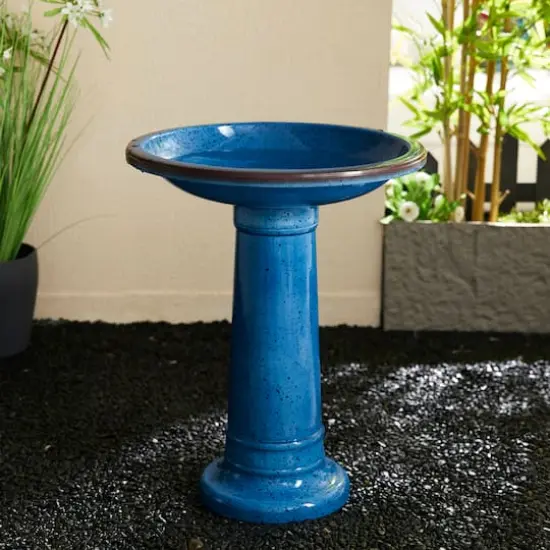 Glitzhome&reg; 21.5" Faux Ceramic Tall Pedestal Birdbath Cobalt Blue {6}
