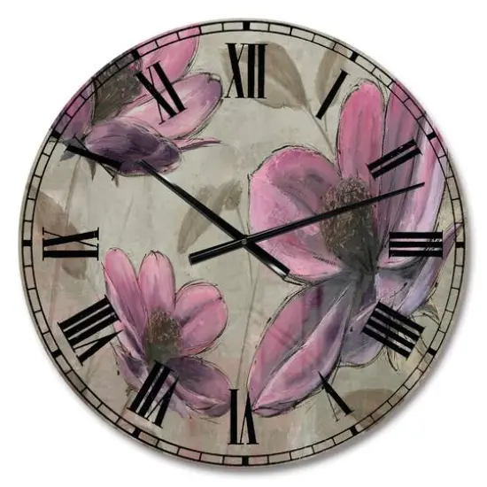 Designart 'Handpainted Plum Pink Cottage Flowers Traditional Wall Clock {1}