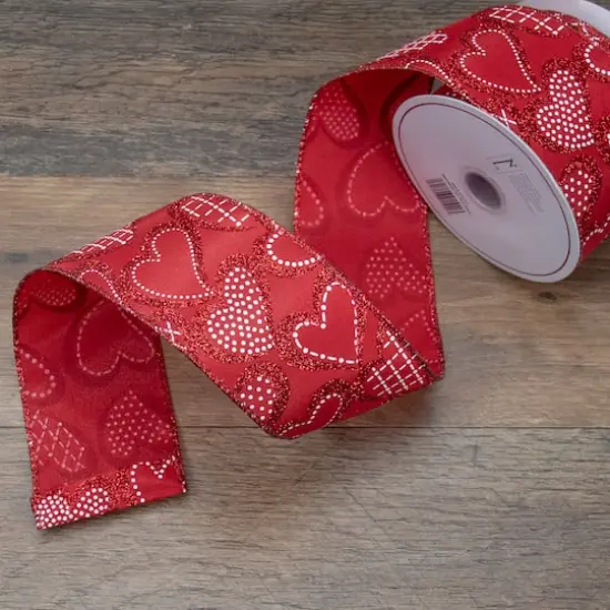 2.5" x 10yd. Red Glittered Hearts Valentine's Day Wired Craft Ribbon {3}
