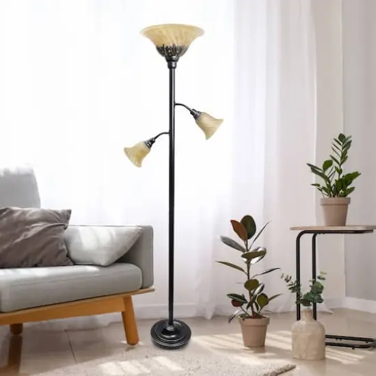 Lalia Home Torchiere Floor Lamp with 2 Reading Lights Restoration Bronze/Amber Shades {3}