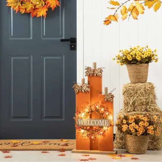 Glitzhome&reg; 30" Fall Lighted Pumpkin & Wreath D&eacute;cor {11}