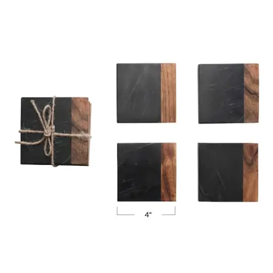 Hello Honey&reg; 2-Tone Black and Natural Marble and Acacia Wood Coaster Set {1}