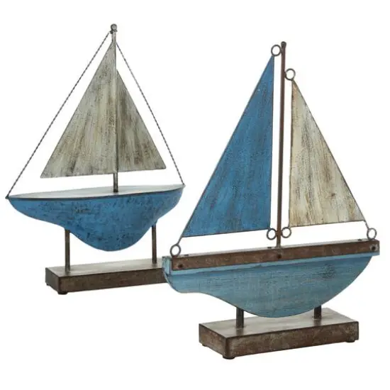 Set of 2 Blue Metal Coastal Sail Boat Sculpture, 17", 16" {1}