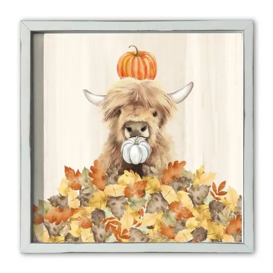 Autumn Cow Leaf Pile 16" x 16" White Framed Print {1}