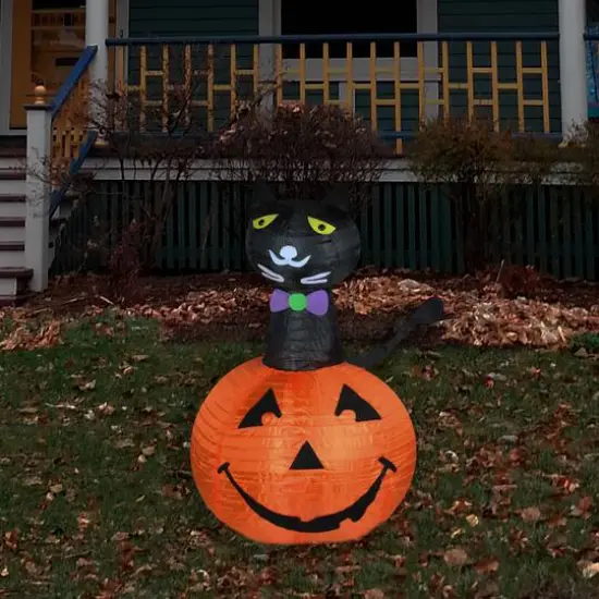 36" Pre-Lit Black Cat In Pumpkin Halloween Outdoor Decoration {4}