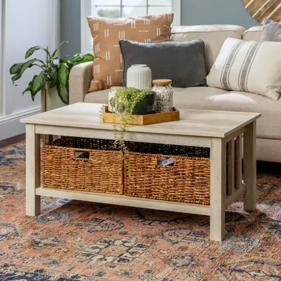 Walker Edison 40" White Oak Mission Storage Coffee Table with Baskets {5}