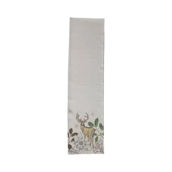 Hello Honey&reg; 72" Green & Natural Cotton & Linen Printed Table Runner with Flora & Fauna Pattern and Metallic Gold Thread Embroidery {1}