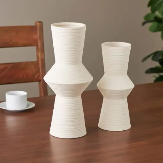 Ceramic Ribbed Cone Shaped Vase Set White {9}