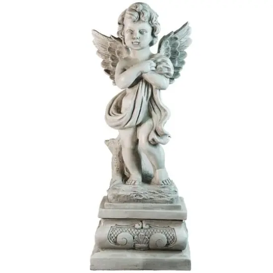 28.75" Gray Standing Cherub Angel on Pedestal Outdoor Statue {1}