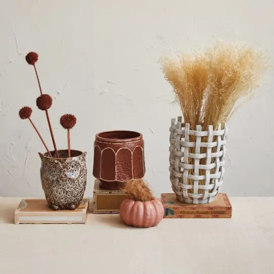 Hello Honey&reg; 7.25" Rust Color Distressed Round Debossed Stoneware Planter {3}