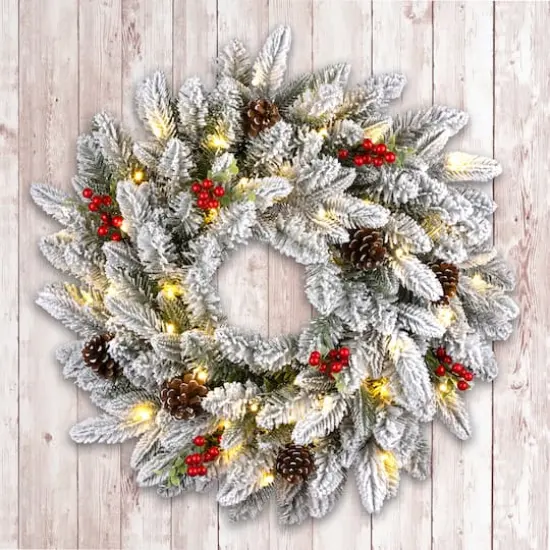 24" Snowberry Warm White LED Pre-Lit Pine Wreath {3}