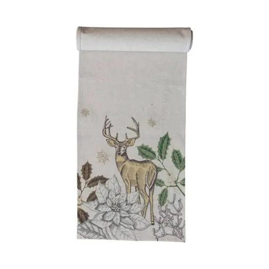 Hello Honey&reg; 72" Green & Natural Cotton & Linen Printed Table Runner with Flora & Fauna Pattern and Metallic Gold Thread Embroidery {4}