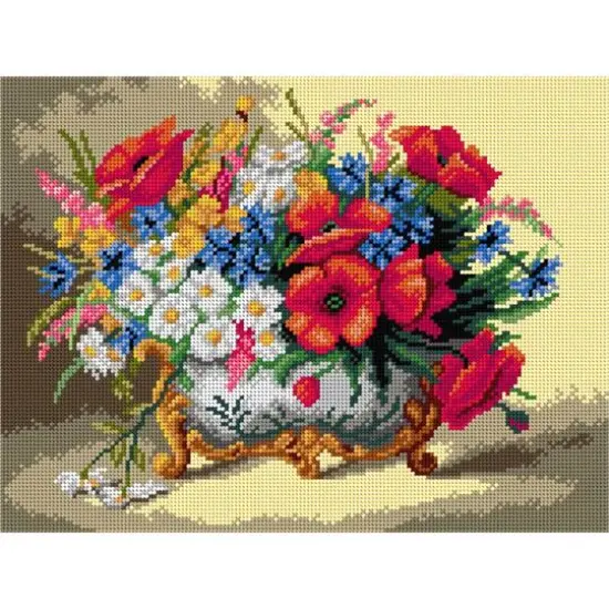 Orchidea Needlepoint Canvas For Halfstitch Without Yarn After Eugene Henri Cauchois - Poppies, Daisies, And Mixed Summer Flowers - Printed Tapestry Canvas {1}