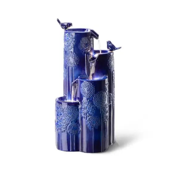 Glitzhome&reg; 31.75" Cobalt Blue 4-Tier Dandelion Texture Vase-Shaped Ceramic Outdoor Fountain with LED Light {1}