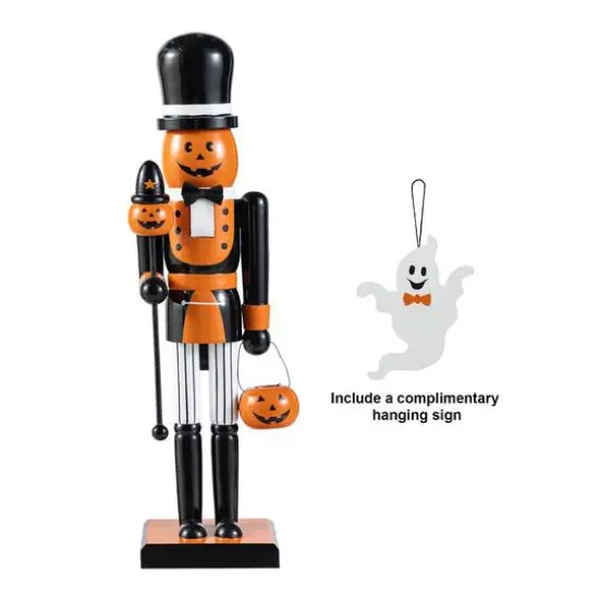 Glitzhome&reg; 18.5"H Halloween Wooden Pumpkin Nutcracker with Ghost Ornament {1}