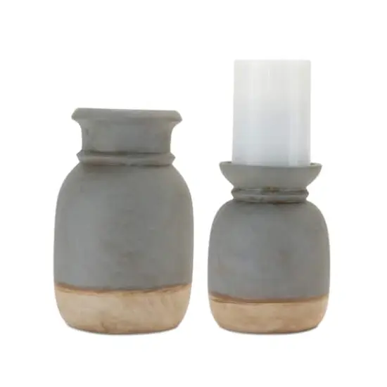 Gray & Beige Dual-Tone Ceramic Candle Holder Set {1}