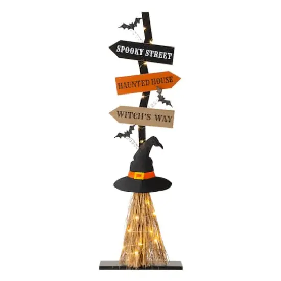Glitzhome&reg; 42" Lighted Halloween Witch's Broom Porch D&eacute;cor with Timer {1}