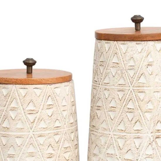 Cream Paper Mache Handmade Carved Triangle Tribal Canisters with Removable Lids Set {3}