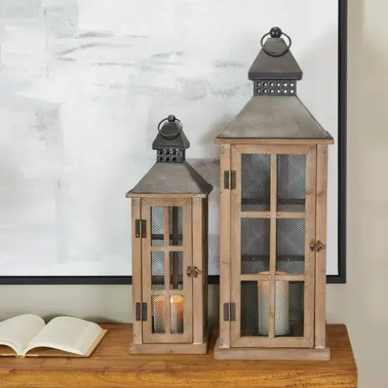 Brown Wood Lighthouse Style Candle Lantern Set {8}