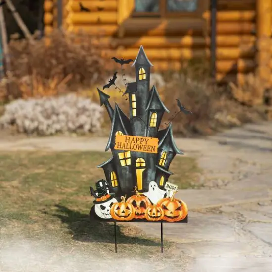 Glitzhome&reg; 32" Halloween Metal Haunted House Yard Stake {5}
