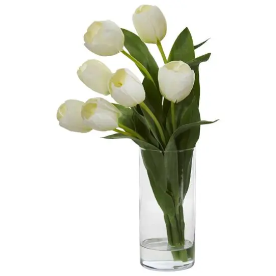 16" White Tulip Arrangement In Cylinder Vase {1}