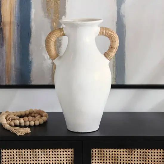 21" White Ceramic Jug Vase with Rattan Wrapped Handles {8}