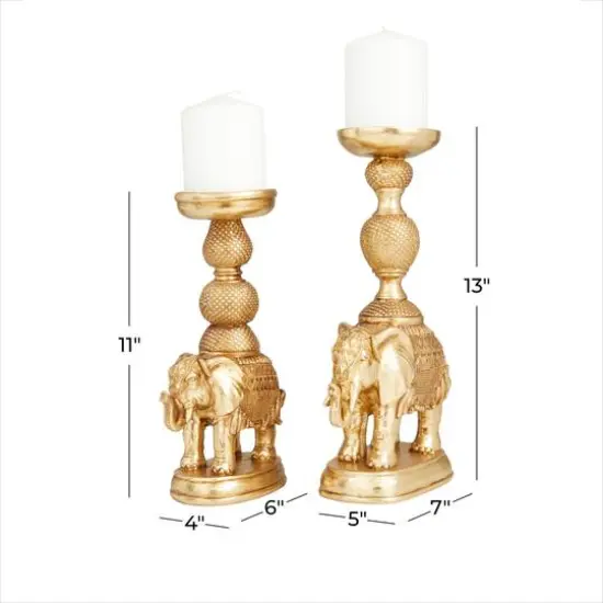 Set of 2 Gold Polystone Traditional Candle Holders, 13" x 4" x 6" {7}