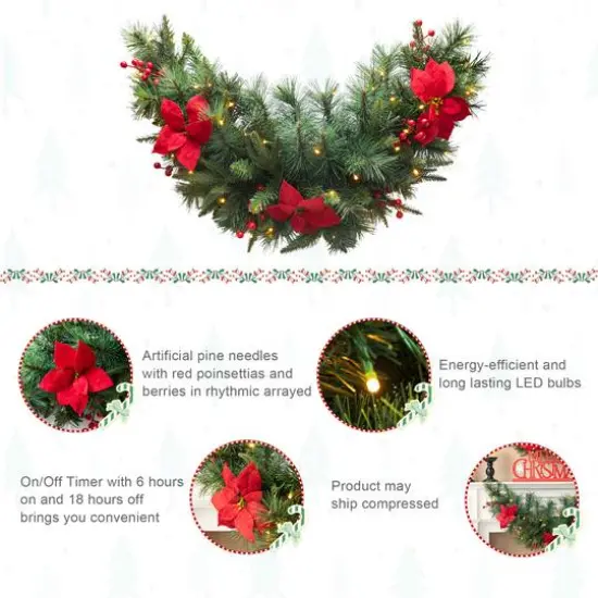 Glitzhome&reg; 3ft. Pre-Lit Pine, Poinsettia & Berries Christmas Swag {8}