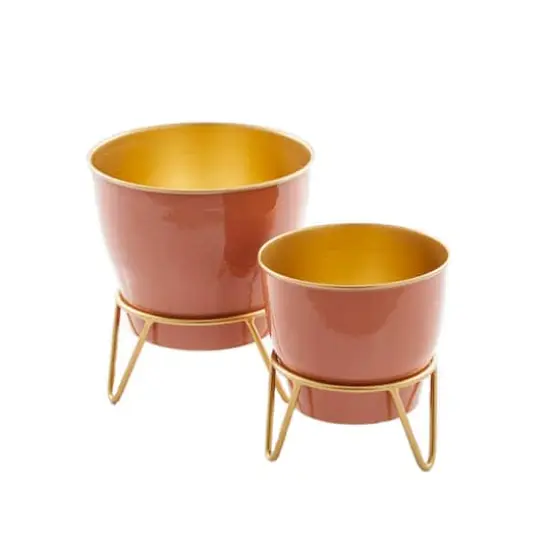 Set of 2 Pink Iron Modern Planter, 12" x 10" x 10" {3}