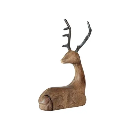 Hello Honey® 11.75"Natural & Black Mango Wood Lying Reindeer with Aluminum Antlers {1}