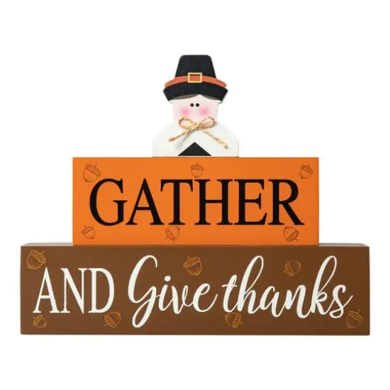 Glitzhome&reg; 9.5" Thanksgiving Wooden Pilgrim Table Block Sign {6}