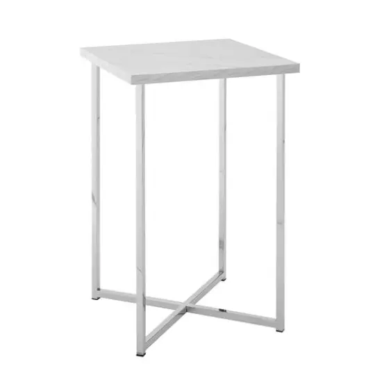 Walker Edison Luxe Modern Glam Square Side Table Faux White Marble/Chrome {1}