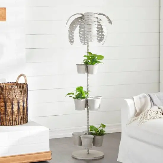 55" Gray Metal Contemporary Palm Tree Planter {7}