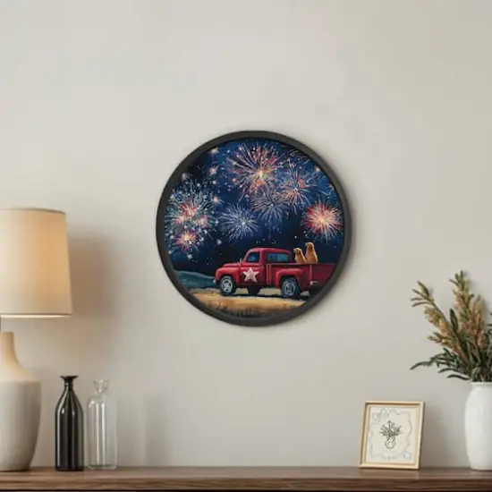 20" Goldens Watching Fireworks Round Framed Print Black {5}