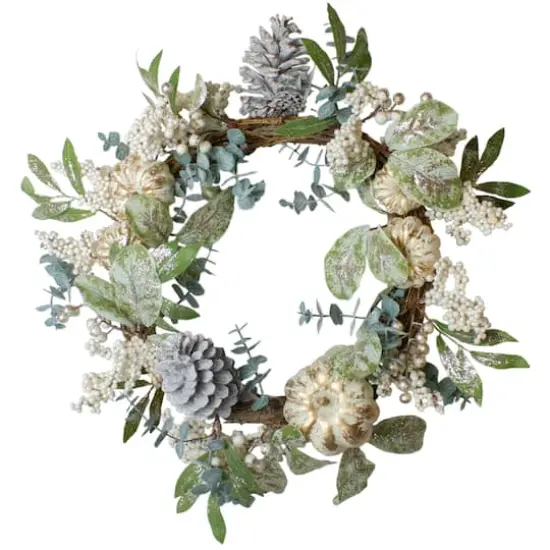 18" Neutral Pumpkin & Pinecones Fall Harvest Wreath {1}