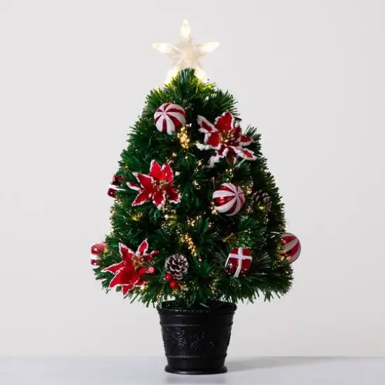 2ft. Fiber Optic Artificial Christmas Tree with Ornaments, Poinsettia & Star Topper in Decorative Planter {6}