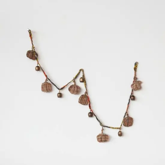Hello Honey&reg; 6ft. Decorative Hand-Woven M&eacute;lange Fabric Pumpkin & Metal Bell Garland {4}