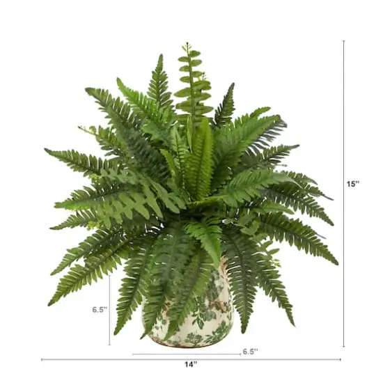 15" Boston Fern Artificial Plant with Tuscan Ceramic Green Scroll Planter {3}