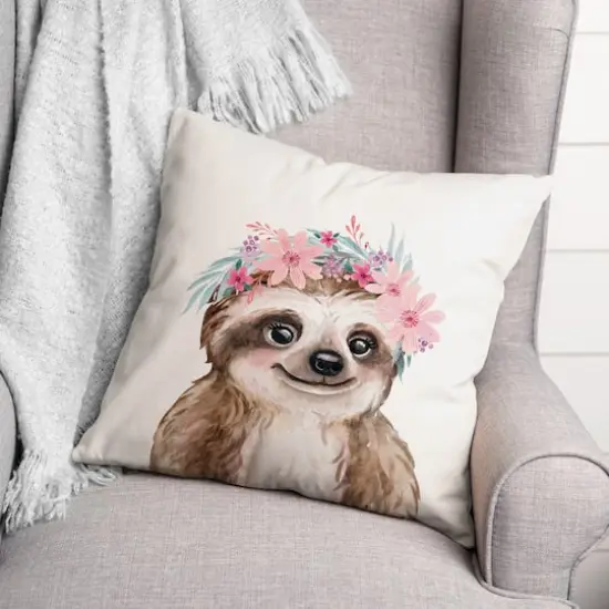Sloth With Flowers 18" x 18" Throw Pillow {3}