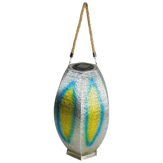 15.5" Silver Floral Outdoor Hanging Solar Lantern with Jute Handle {1}