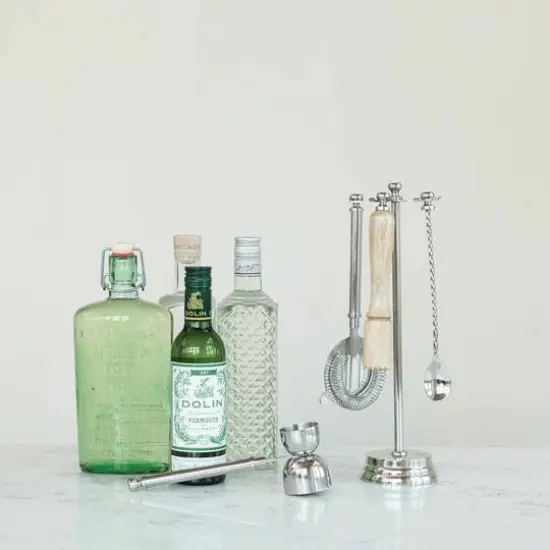 Hello Honey 5-Piece Stainless Steel and Mango Wood Bar Tools with Stand, Nickel Finish and Natural {6}