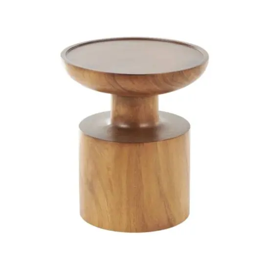 17.75" Brown Wood Handmade Accent Table with Cylinder Block Base {7}
